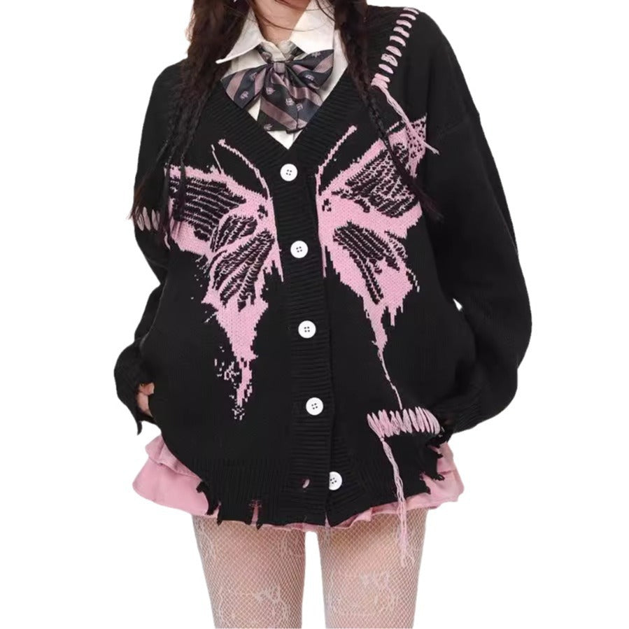 Damen lässige Strickjacke mit Schmetterlingsmotiv und auffälligen Details Drune