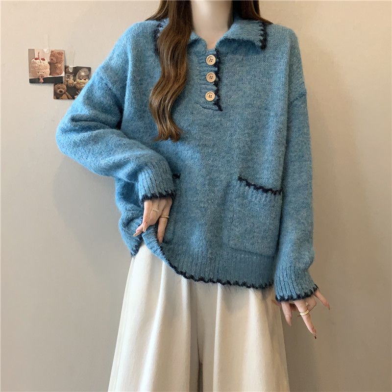 Damen Strickpullover mit Kragen und Knopfdetails Drune