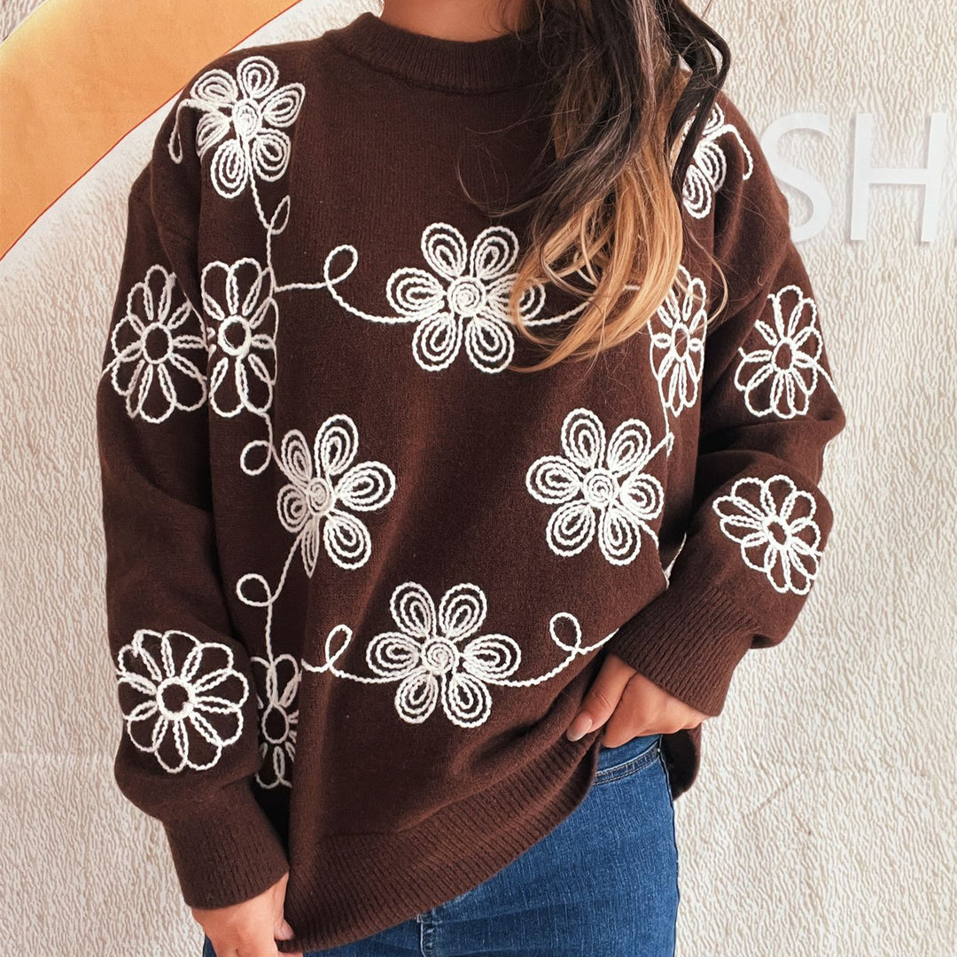 Damen gemütlicher Strickpullover mit floralem Muster und hohem Kragen Drune