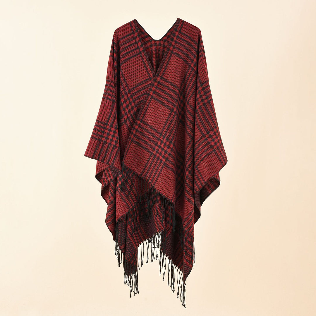 Damen Ruana-Poncho mit V‑Ausschnitt, kastigem Kimono-Fall und Fransensaum Drune