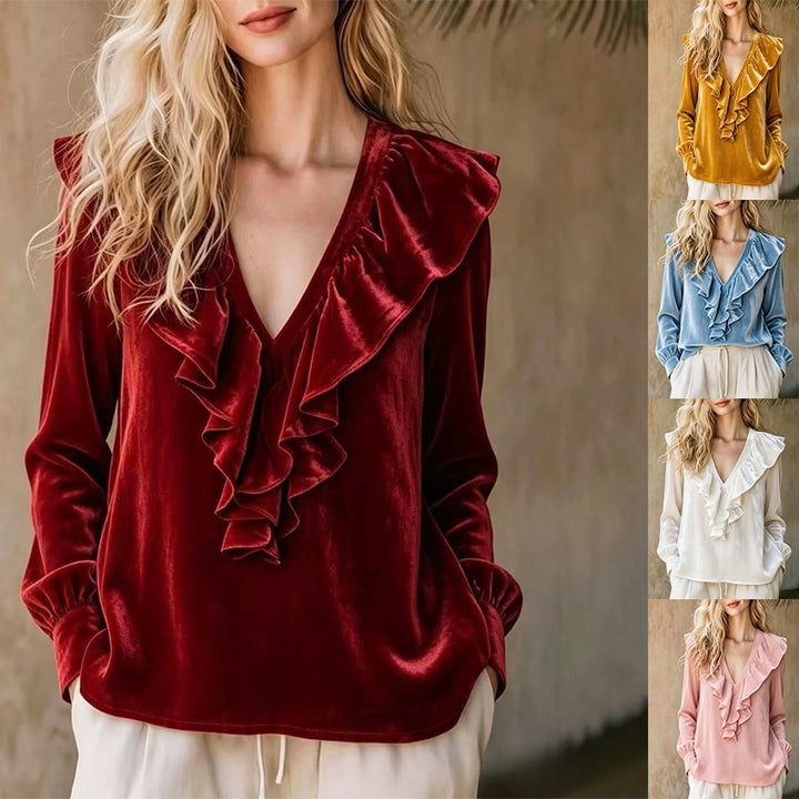Damen Rüschige V-Ausschnitt-Bluse aus Chiffon mit Volantkragen und elastischen Manschetten Drune