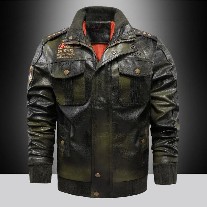Herren Military‑inspirierte Lederimitat‑Fliegerjacke mit Schulterepauletten und Pattentaschen Drune