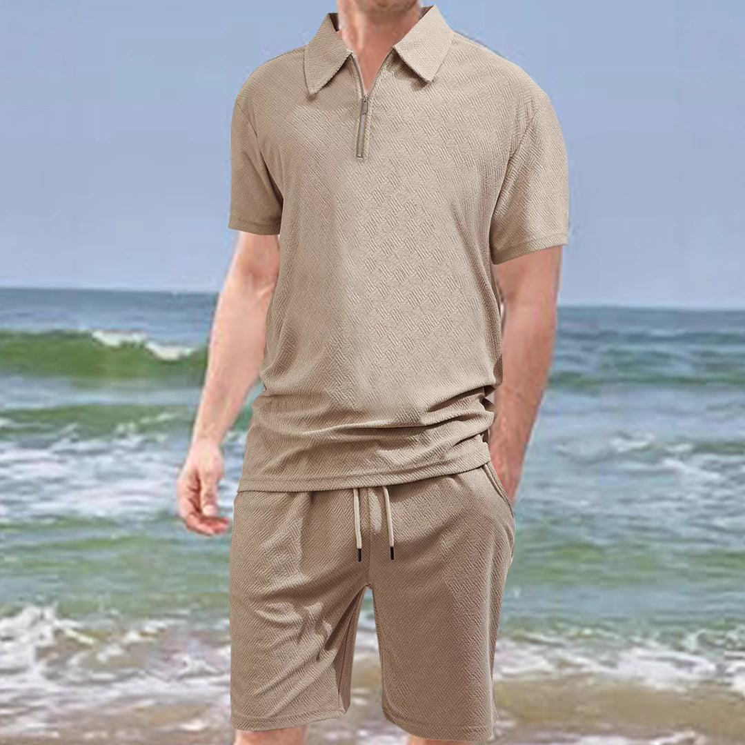 Herren nan komfortables Kurzarm-Halbzip-Set mit Polokragen und elastischer Kordelhose aus Strukturstrick Drune