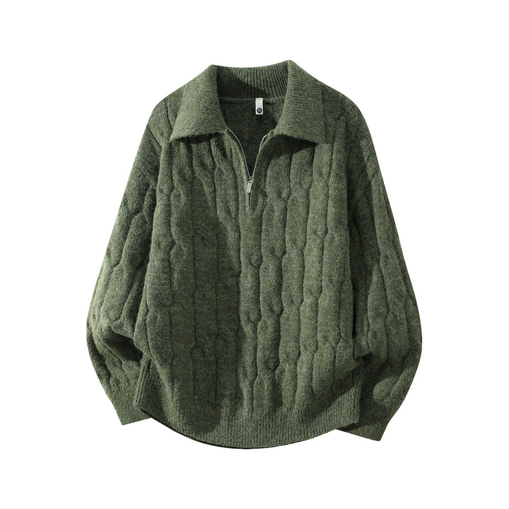 Unisex Oversize Zopfstrickpullover mit Halbreißverschluss und Hemdkragen Drune