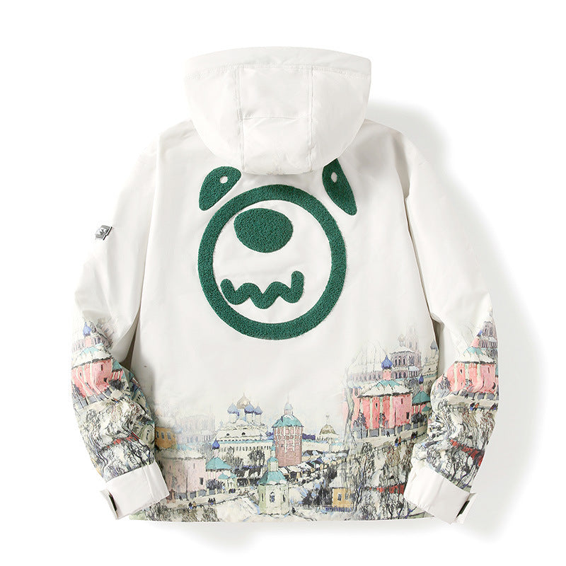 Unisex Kapuzenparka mit städtischem Fotoprint, transparenten Taschen und Kordelzug Drune