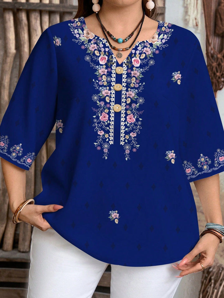 Damen Bluse mit Blumenmuster und Knopfleiste Drune