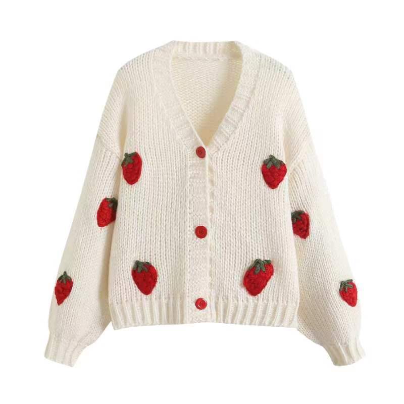 Damen Kurzcardigan mit Erdbeer-Applikationen und grobem Strick Drune