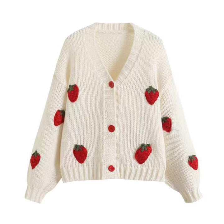 Damen Kurzcardigan mit Erdbeer-Applikationen und grobem Strick Drune