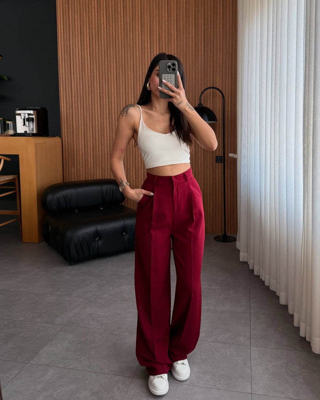 Damen hochgeschnittene Stoffhose mit geradem Bein Drune
