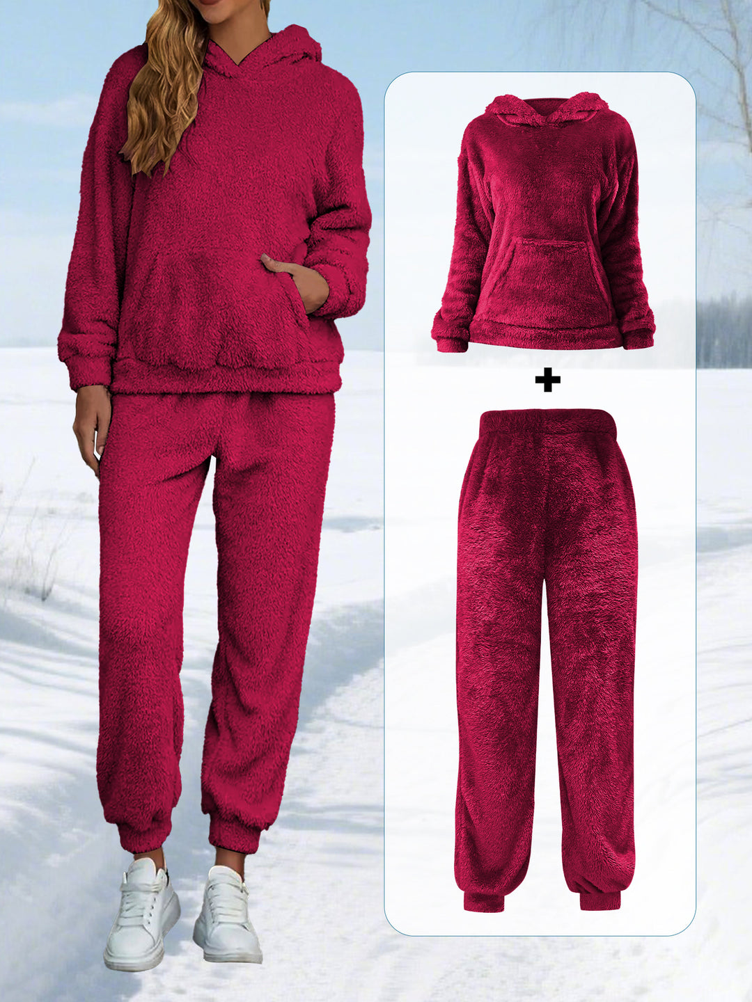Damen Kuscheliges Teddy-Fleece Lounge-Set mit Kapuze und Kängurutasche Drune