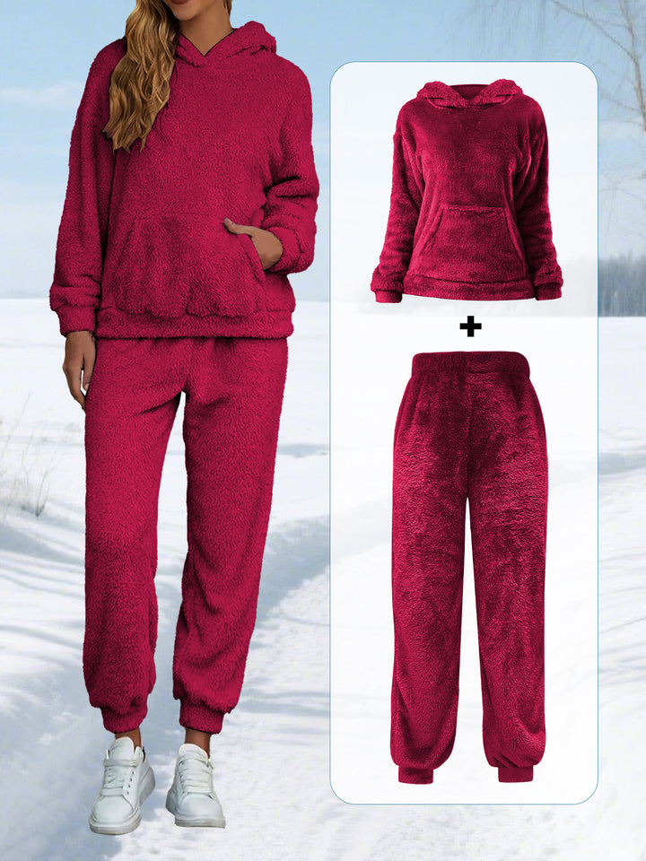 Damen Kuscheliges Teddy-Fleece Lounge-Set mit Kapuze und Kängurutasche Drune