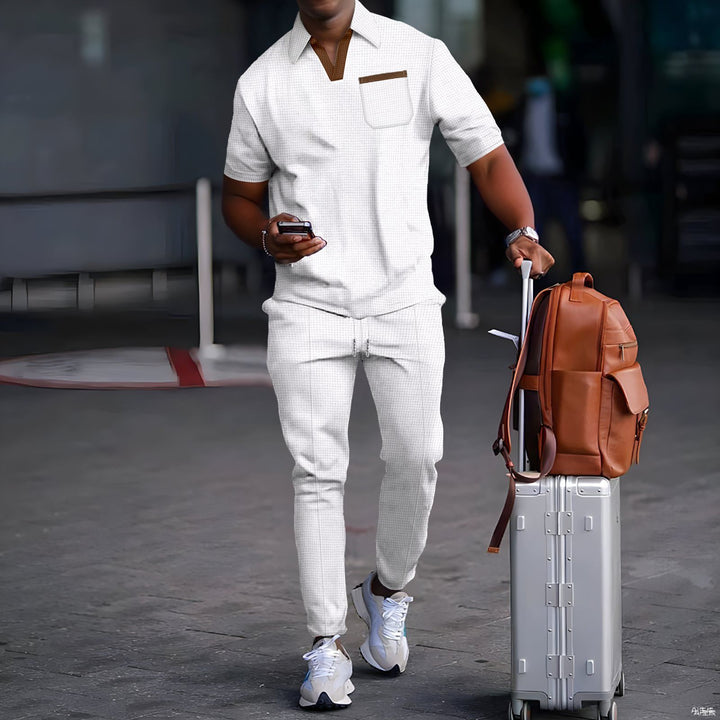 Herren nan lässiges Freizeitset aus elastischem Jersey mit V-Ausschnitt Brusttasche und Kordelbund Drune