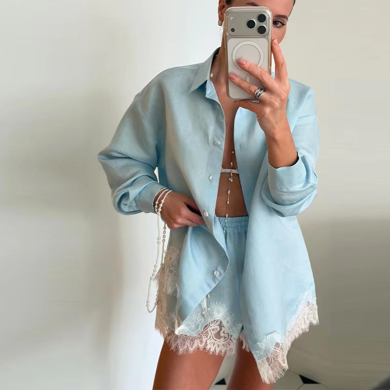 Damen nan zweiteiliges Satin-Pyjama-Set mit Hemdbluse, Gummibund-Shorts und Spitzenbesatz Drune