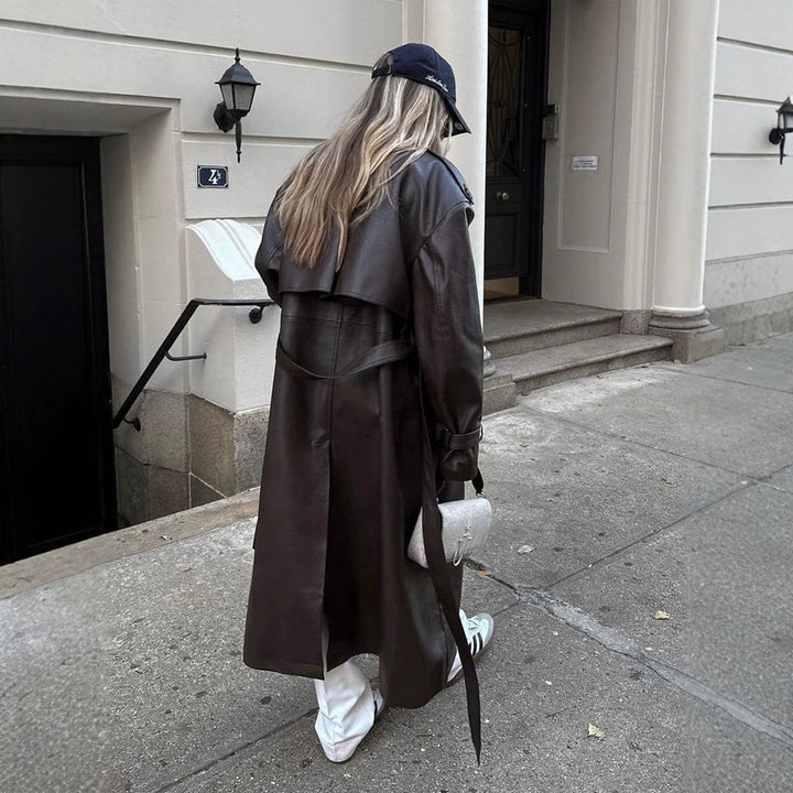 Damen Maxilanger Oversize Kunstleder-Trenchcoat mit weitem Revers und Taillengürtel Drune