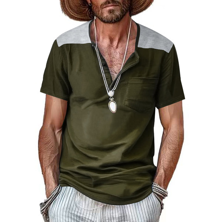 Herren nan Kurzarm-Henleyshirt aus weicher Baumwollmischung mit Brusttasche und Schulterblende Drune