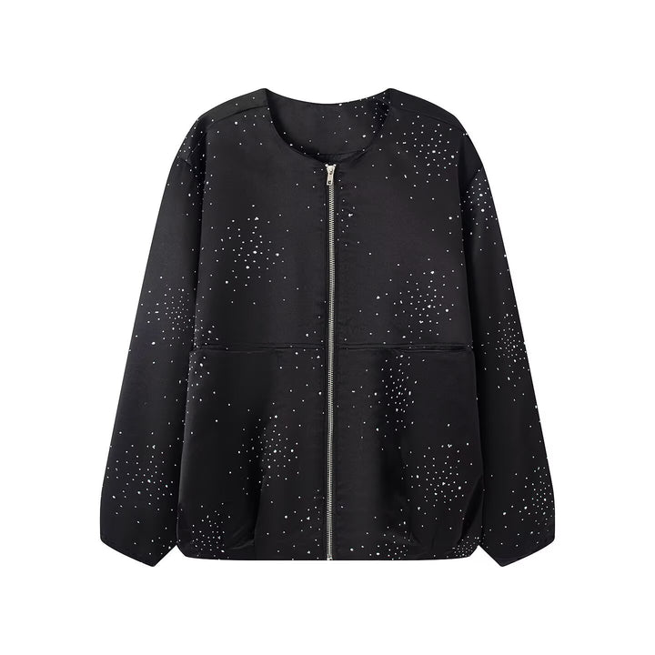 Damen Boxy‑Blouson mit Rundhals, Metallreißverschluss und dezentem Glitzerbesatz Drune
