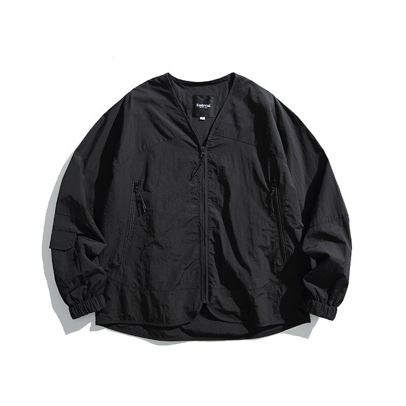 Unisex Leichte Oversize‑Überhemdjacke aus technischem Nylonmix mit V‑Ausschnitt und Reißverschlusstaschen Drune