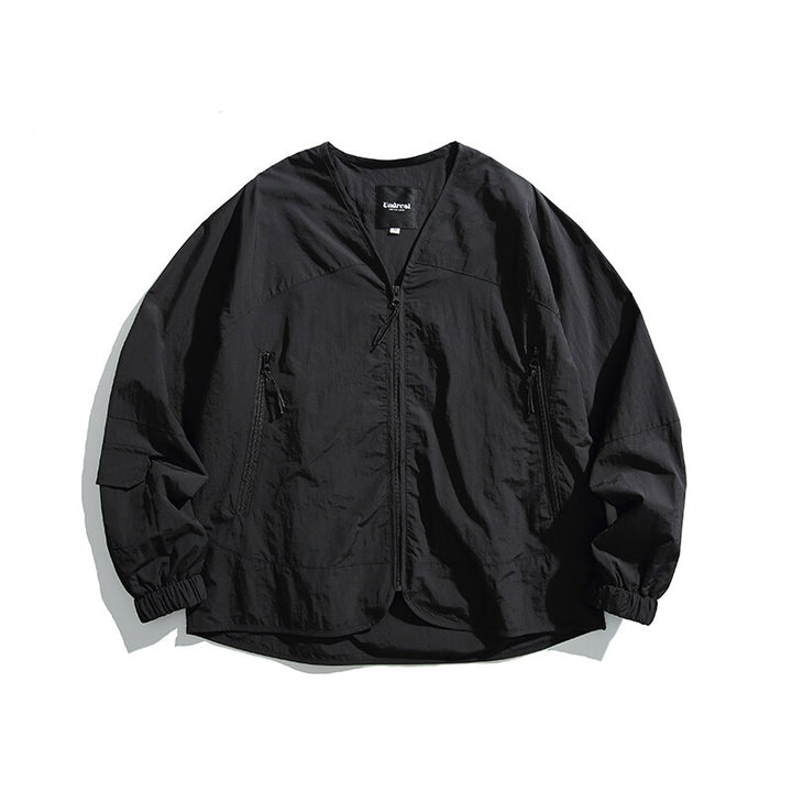 Unisex Leichte Oversize‑Überhemdjacke aus technischem Nylonmix mit V‑Ausschnitt und Reißverschlusstaschen Drune