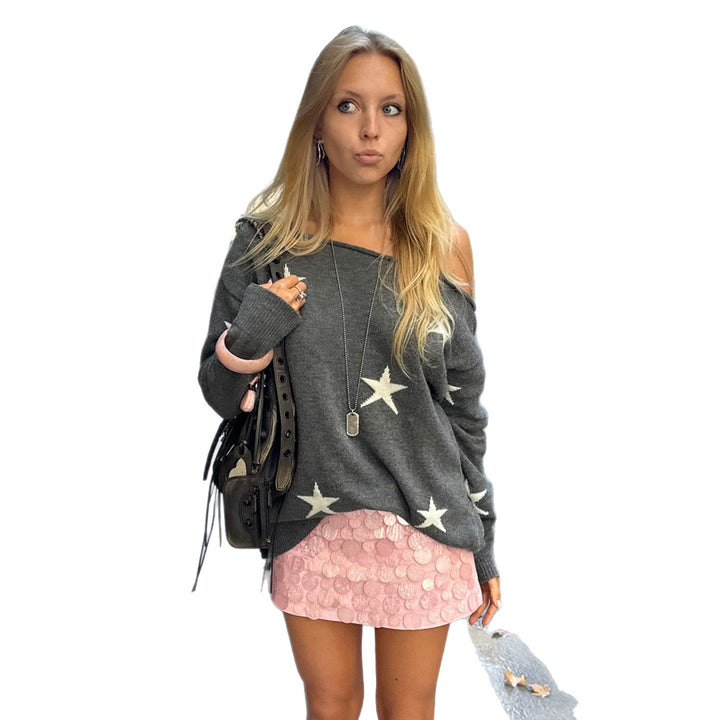 Damen Off-Shoulder Oversized Strickpullover mit Sternenmuster und geripptem Saum Drune