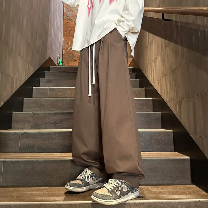 Herren Weitgeschnittene Palazzo-Loungehose mit Tunnelzug, hoher Taille und fließender Baumwollmischung Drune