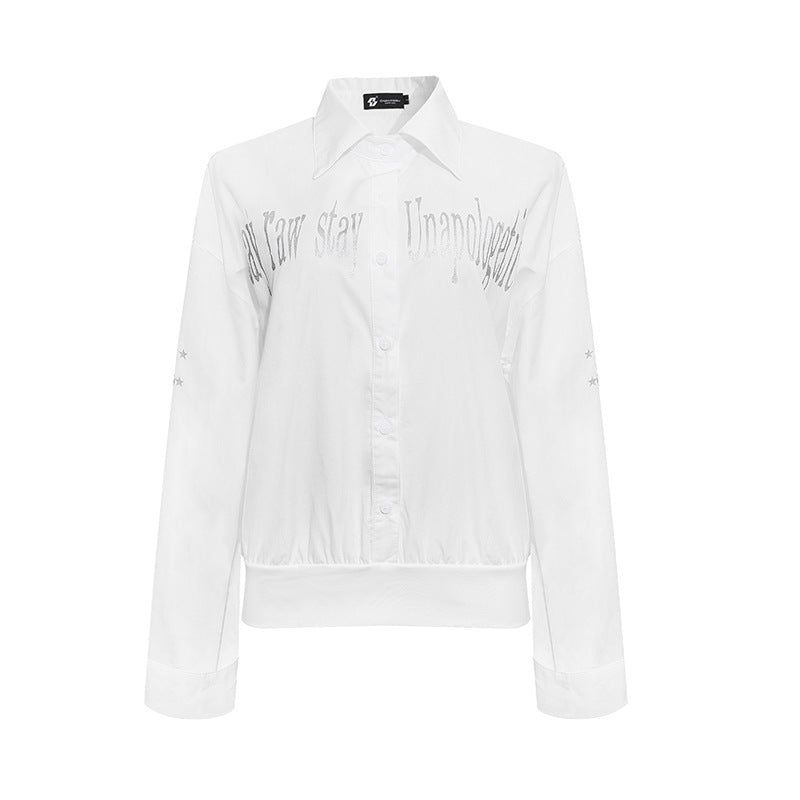 Damen Hemdbluse mit elastischem Saum, Button-Down und Schriftzug-Detail Drune
