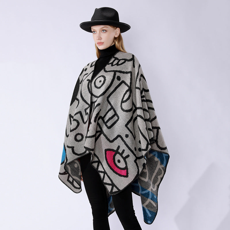 Damen Oversize-Poncho im künstlerischen Print mit zweifarbiger Kantenverarbeitung und asymmetrischem Zipfelsaum Drune