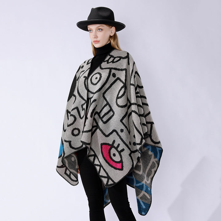 Damen Oversize-Poncho im künstlerischen Print mit zweifarbiger Kantenverarbeitung und asymmetrischem Zipfelsaum Drune