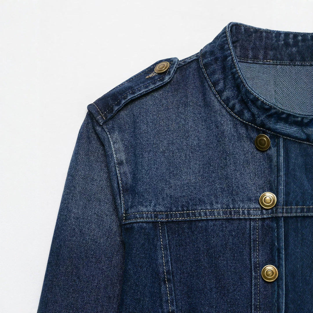 Damen Kurz geschnittene Jeansjacke im Military‑Stil mit Stehkragen Drune