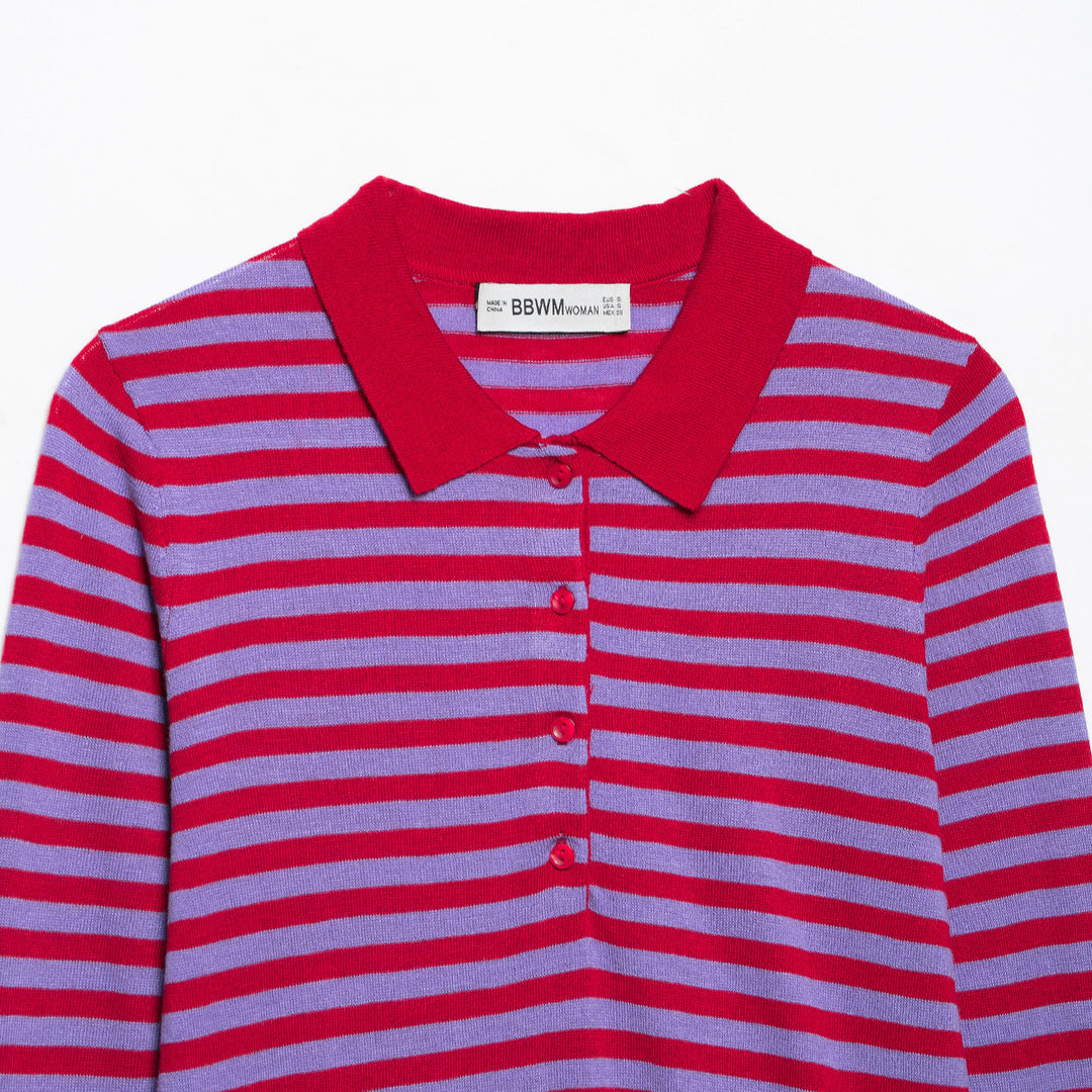 Damen Gestreifter Cropped-Polo-Cardigan aus Feinstrick mit Knopfleiste Drune