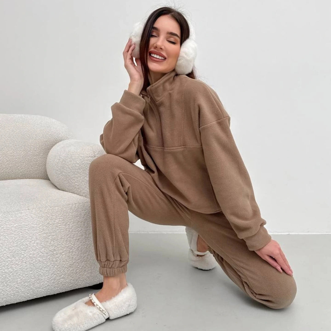 Damen Kuscheliges Fleece-Loungewear-Set mit halbem Reißverschluss und elastischer Jogginghose Drune