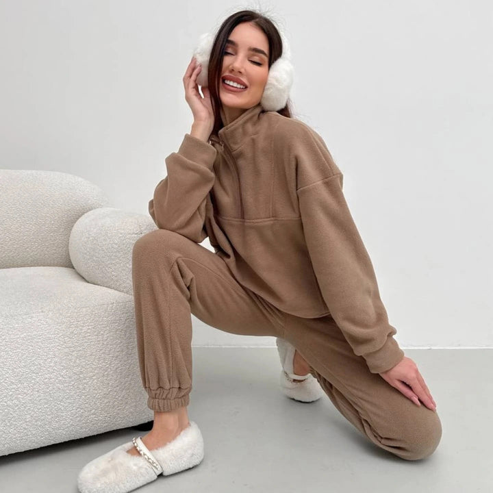Damen Kuscheliges Fleece-Loungewear-Set mit halbem Reißverschluss und elastischer Jogginghose Drune