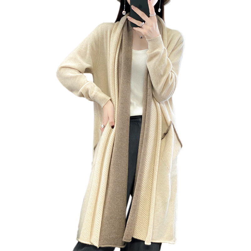 Damen Langer offener Cardigan in Kaschmir‑Look mit Schalkragen und Eingriffstaschen Drune