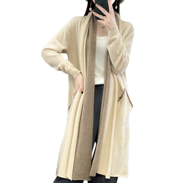 Damen Langer offener Cardigan in Kaschmir‑Look mit Schalkragen und Eingriffstaschen Drune