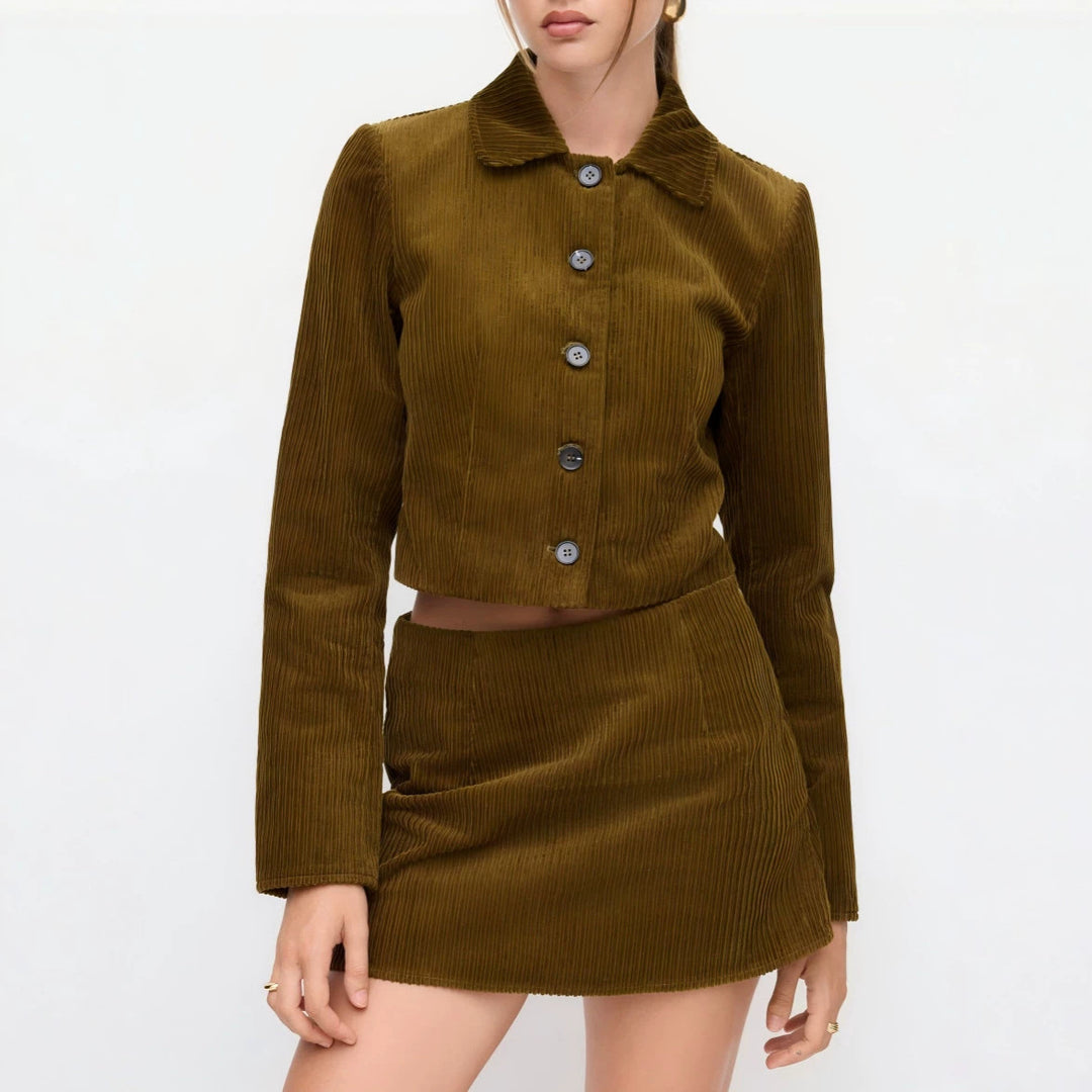 Damen Plissierte Kurzjacke mit Hemdkragen und umgeschlagenen Manschetten Drune