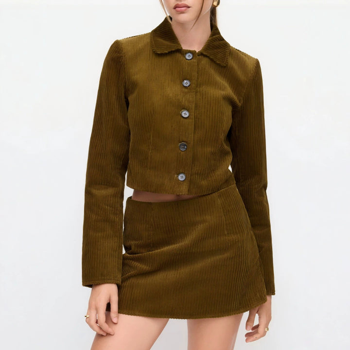 Damen Plissierte Kurzjacke mit Hemdkragen und umgeschlagenen Manschetten Drune