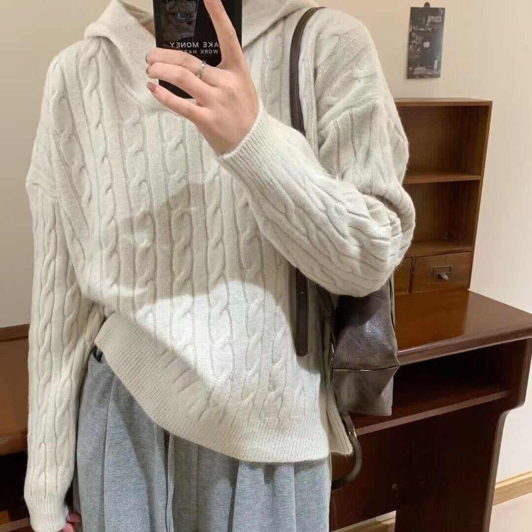 Damen Grobstrickpullover mit Kapuze und Zopfmuster Drune