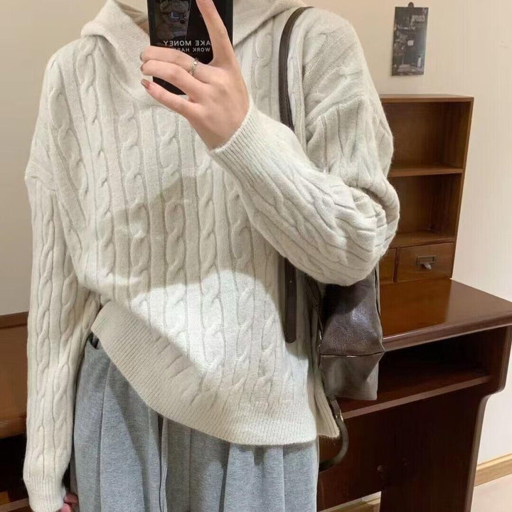 Damen Grobstrickpullover mit Kapuze und Zopfmuster Drune