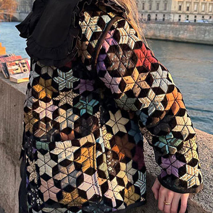 Damen Übergangsjacke mit buntem geometrischem Muster und praktischen Taschen Drune