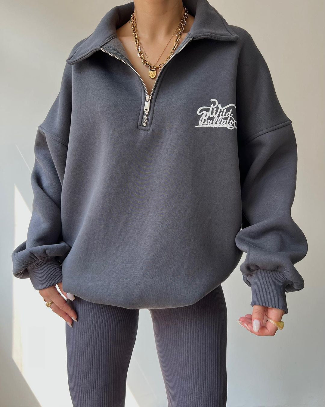 Damen Oversized Halbzip-Sweatshirt mit Stehkragen und gesticktem Logo Drune