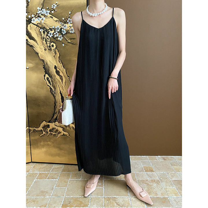 Damen Maxikleid mit plissierten Falten und schmalen Trägern Drune