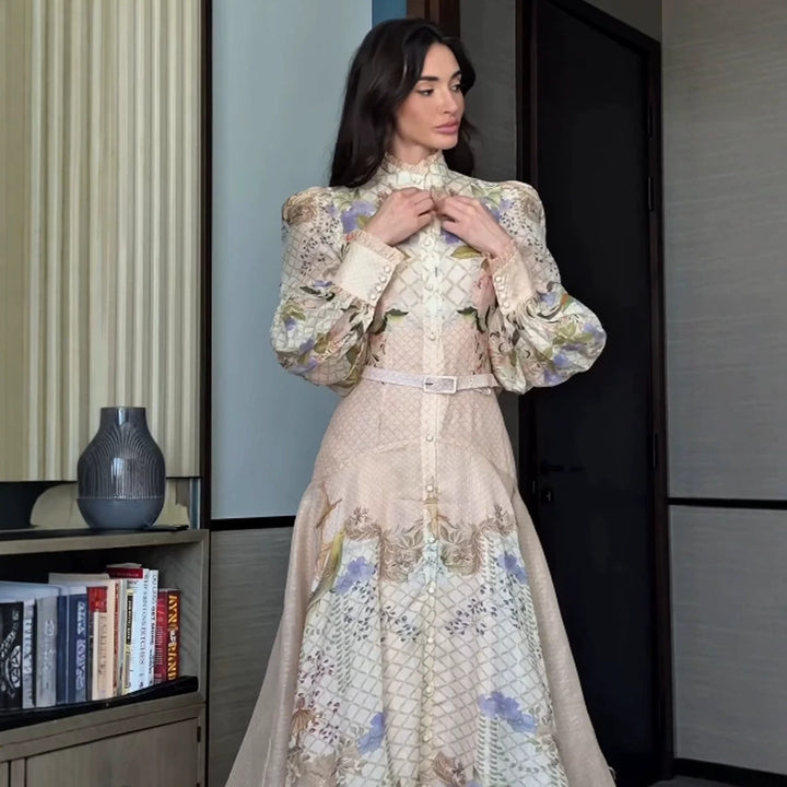 Damen Maxikleid mit floralem Druck, durchgehender Knopfleiste und voluminösen Puffärmeln Drune