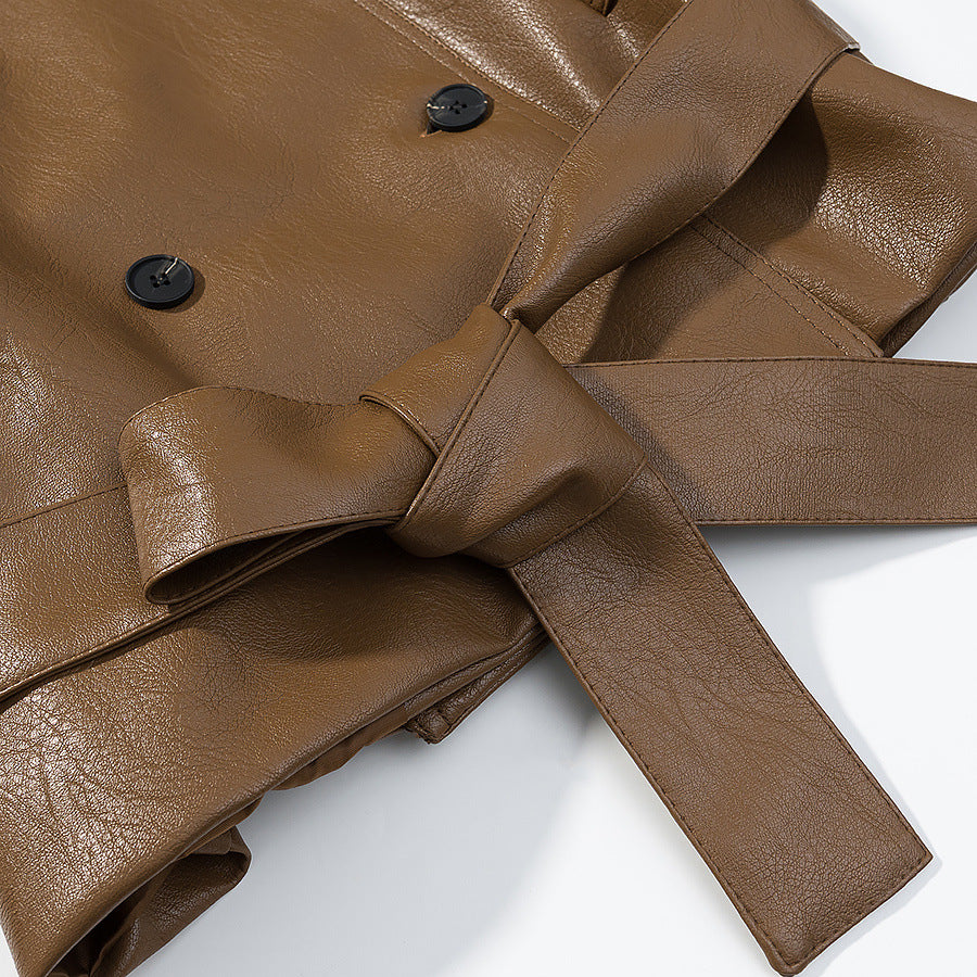 Damen nan kurzer Doppelreiher Kunstleder-Trenchblouson mit Bindegürtel und Schulterriegeln Drune