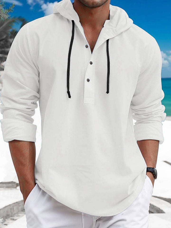 Herren nan sommerliches Hoodie-Henley mit verdeckter Knopfleiste, Kordelzug und gerundetem Saum Drune