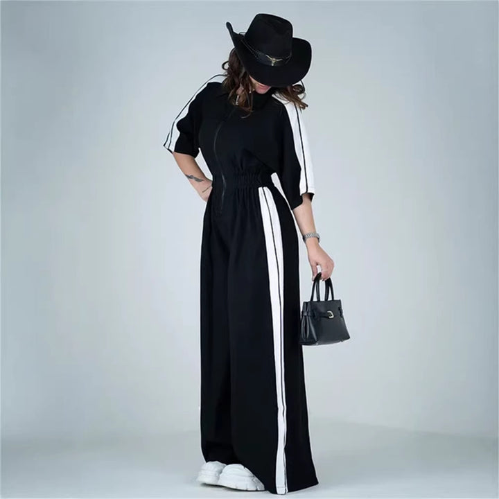 Damen Langer Jumpsuit mit Taillengebund und Kontraststreifen