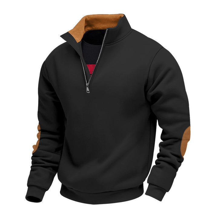 Herren nan Sweatshirt mit Halb-Reißverschluss, Stehkragen und Wildleder-Ellenbogenbesatz Drune