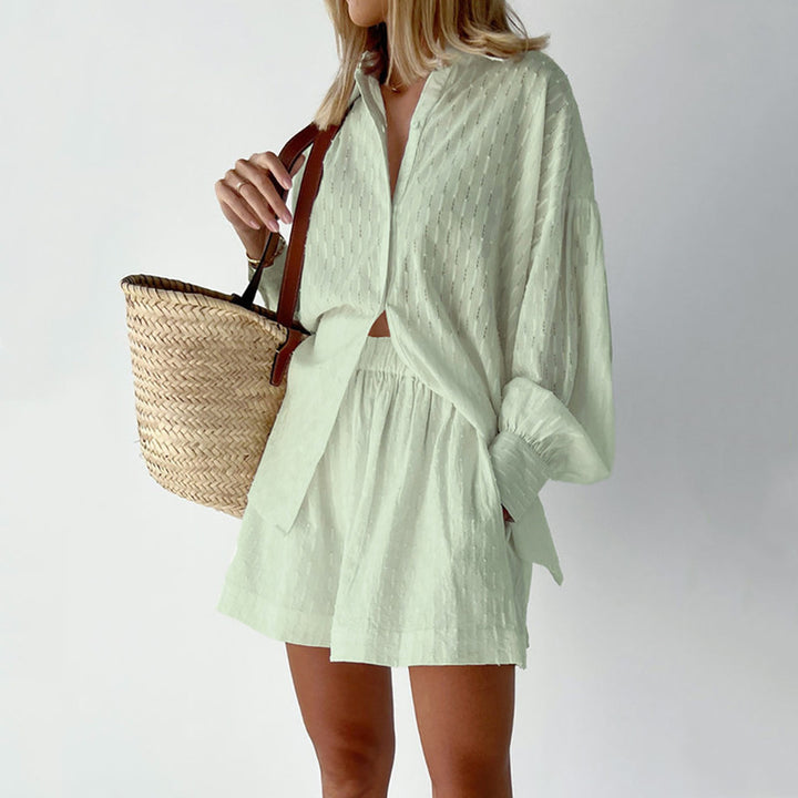 Damen lässiges Hemd-Shorts-Set mit elegantem Webmuster Drune