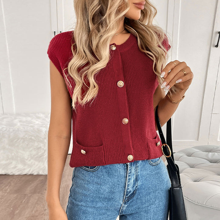 Damen Ärmellose Strickweste mit Zierknopfleiste, aufgesetzten Taschen & gerippter Struktur Drune