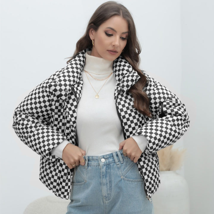 Damen Kurzgestepptes Karo-Winterjacke mit Stehkragen und Ärmeltasche Drune
