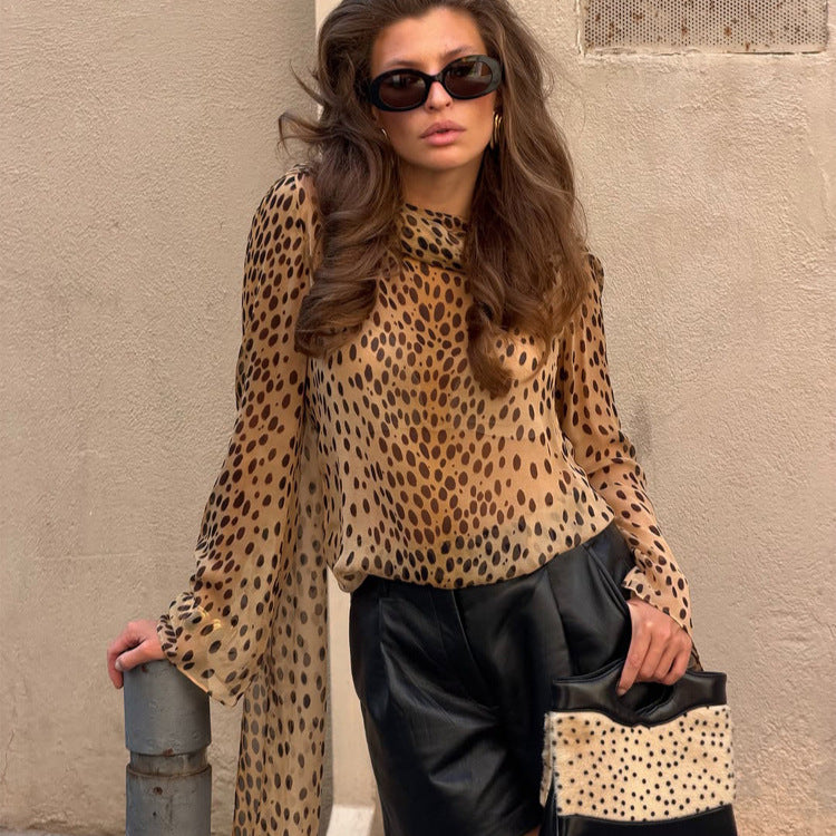 Damen Transparente Chiffon-Bluse mit langem Schalkragen und Animal-Print Drune