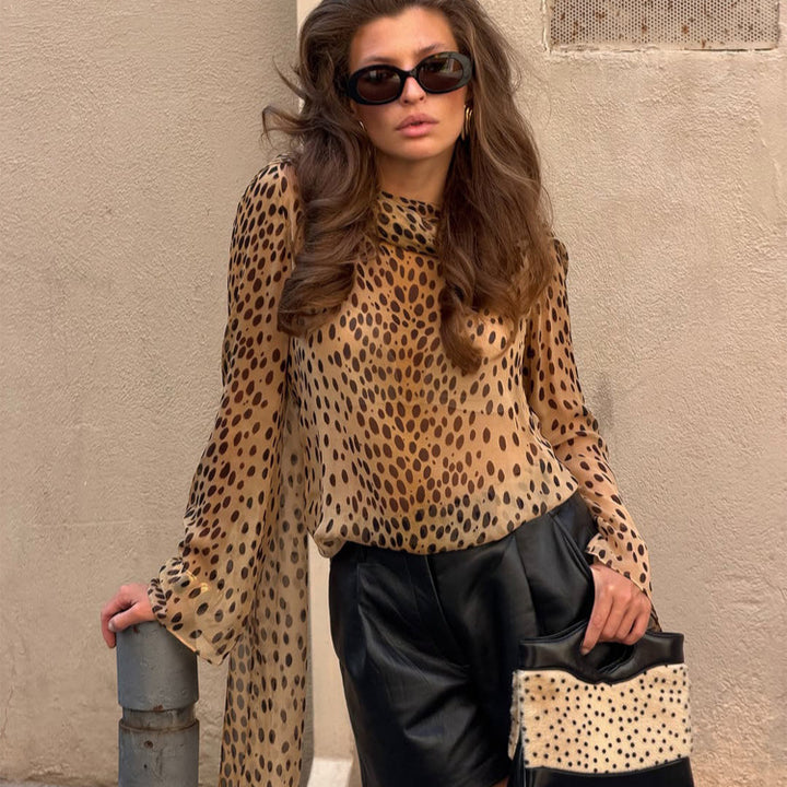 Damen Transparente Chiffon-Bluse mit langem Schalkragen und Animal-Print Drune